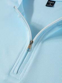 Manfinity Hypemode 男士半拉鏈落肩T恤 - 淺藍色 - 查看 3