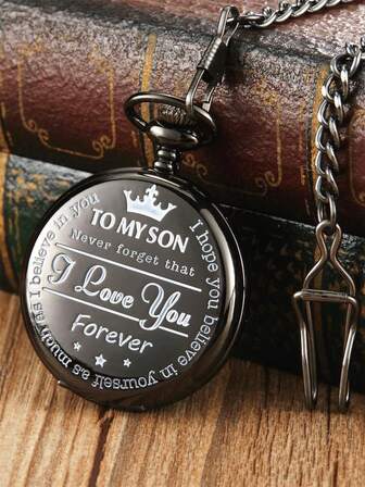 1 pieza Reloj de bolsillo de cuarzo con esfera redonda, detalles de corona y eslogan vintage, correa de cadena de aleación de zinc negro, para la vida diaria como regalo para estudiantes que regresan a la escuela