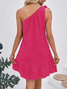 Breezaya 素色單肩打結荷葉邊連衣裙 - 玫紅色 - 查看 2