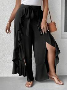 SHEIN LUNE 休閒揉皺 開衩 前綁帶蝴蝶結純色加大褲子 - 黑色 - 查看 6
