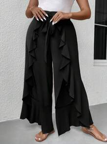 SHEIN LUNE 休閒揉皺 開衩 前綁帶蝴蝶結純色加大褲子 - 黑色 - 查看 4