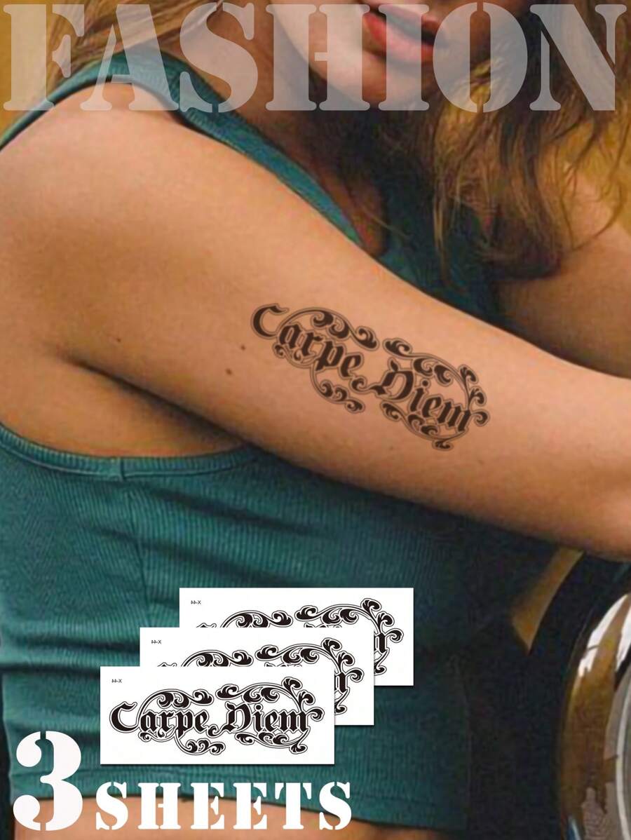 男女皆宜的tattoo貼紙,水鬼,carpe Diem (抓住當下)黑色臨時紋身 - 彩色 - 查看 1
