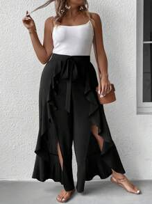 SHEIN LUNE 休閒揉皺 開衩 前綁帶蝴蝶結純色加大褲子 - 黑色 - 查看 5