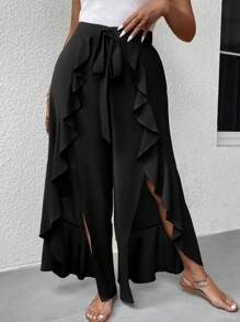 SHEIN LUNE 休閒揉皺 開衩 前綁帶蝴蝶結純色加大褲子 - 黑色 - 查看 1