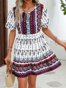 SHEIN VCAY Allover Print Tie Neck Puff Sleeve Ruffle Hem Smock Dress - Multicolor - View 1