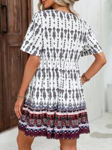 SHEIN VCAY Allover Print Tie Neck Puff Sleeve Ruffle Hem Smock Dress - Multicolor - View 2
