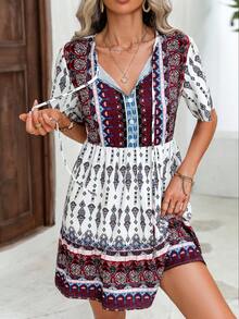 SHEIN VCAY Allover Print Tie Neck Puff Sleeve Ruffle Hem Smock Dress - Multicolor - View 3