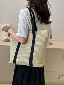 極簡草編包雙色小度假 - 卡其色 - 查看 5