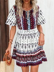 SHEIN VCAY Allover Print Tie Neck Puff Sleeve Ruffle Hem Smock Dress - Multicolor - View 6