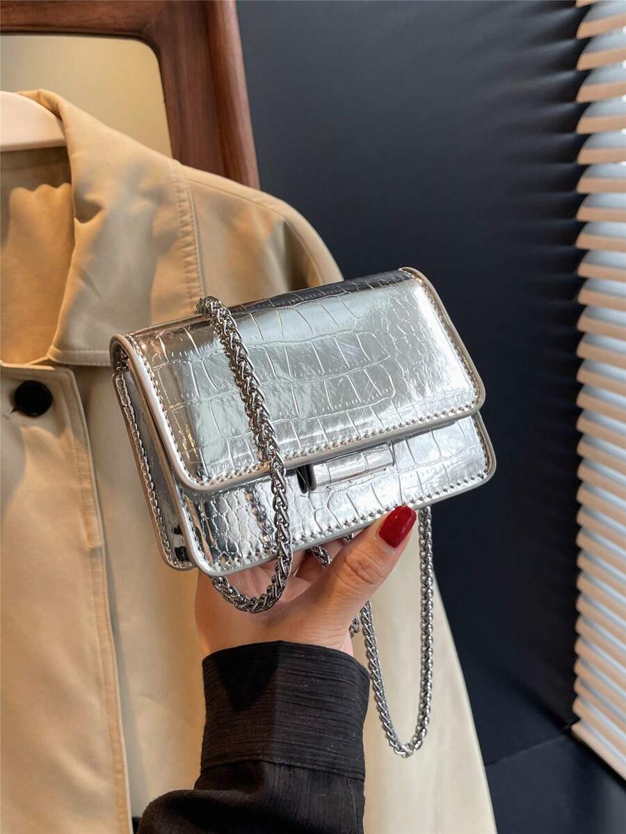 Mini Square Bag Metallic Crocodile Embossed Flap , Funky, Punk & Bag For Street Wear - Silver - View 1
