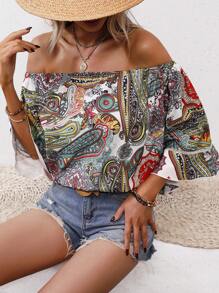 SHEIN VCAY Paisley Print Off Shoulder Flounce Sleeve Blouse - Multicolor - View 3