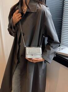 Mini Square Bag Metallic Crocodile Embossed Flap , Funky, Punk & Bag For Street Wear - Silver - View 2