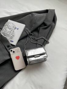 Mini Square Bag Metallic Crocodile Embossed Flap , Funky, Punk & Bag For Street Wear - Silver - View 5