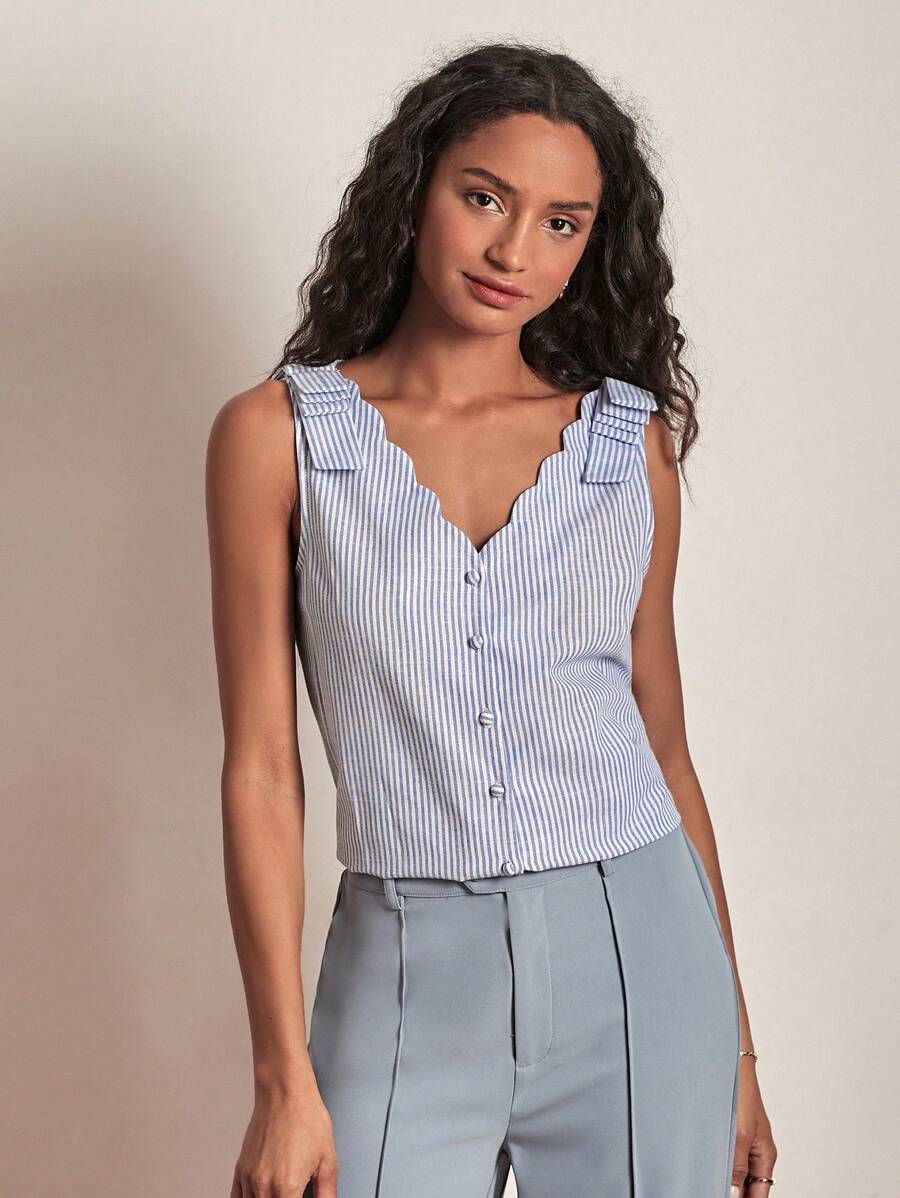 SHEIN Frenchy 條紋印花貝殼邊前紐扣襯衫 - 藍白色 - 查看 1