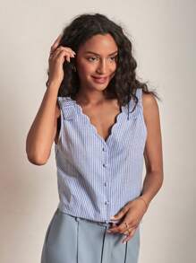 SHEIN Frenchy 條紋印花貝殼邊前紐扣襯衫 - 藍白色 - 查看 2