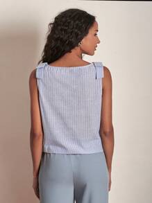 SHEIN Frenchy 條紋印花貝殼邊前紐扣襯衫 - 藍白色 - 查看 3