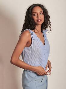 SHEIN Frenchy 條紋印花貝殼邊前紐扣襯衫 - 藍白色 - 查看 4