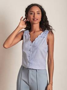 SHEIN Frenchy 條紋印花貝殼邊前紐扣襯衫 - 藍白色 - 查看 5