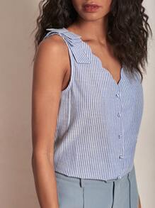 SHEIN Frenchy 條紋印花貝殼邊前紐扣襯衫 - 藍白色 - 查看 7