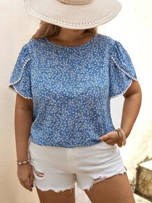 SHEIN LUNE Áo sơ mi Plus Size Họa tiết hoa Boho - Màu xanh lam - Xem 1