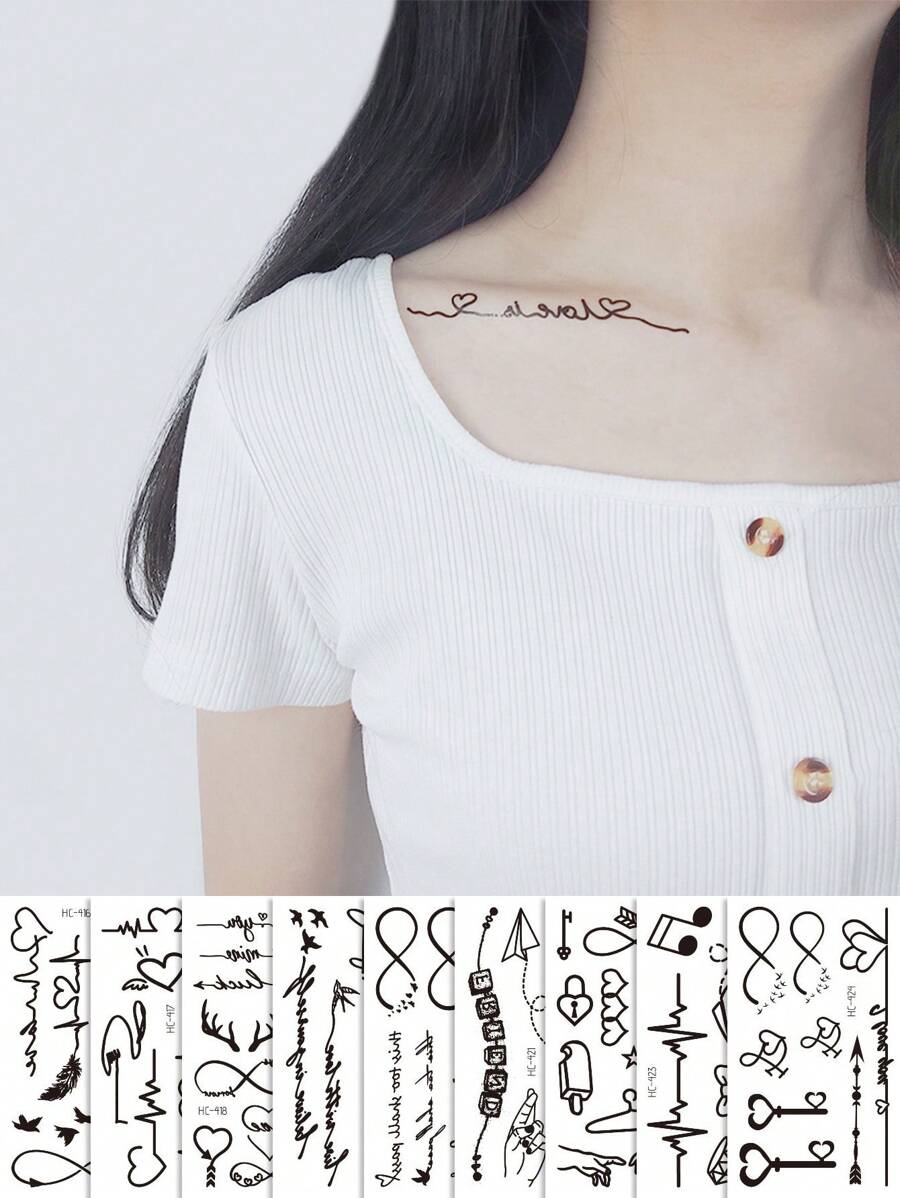 15sheets Heart & Star Pattern Tattoo Sticker - Black - View 1