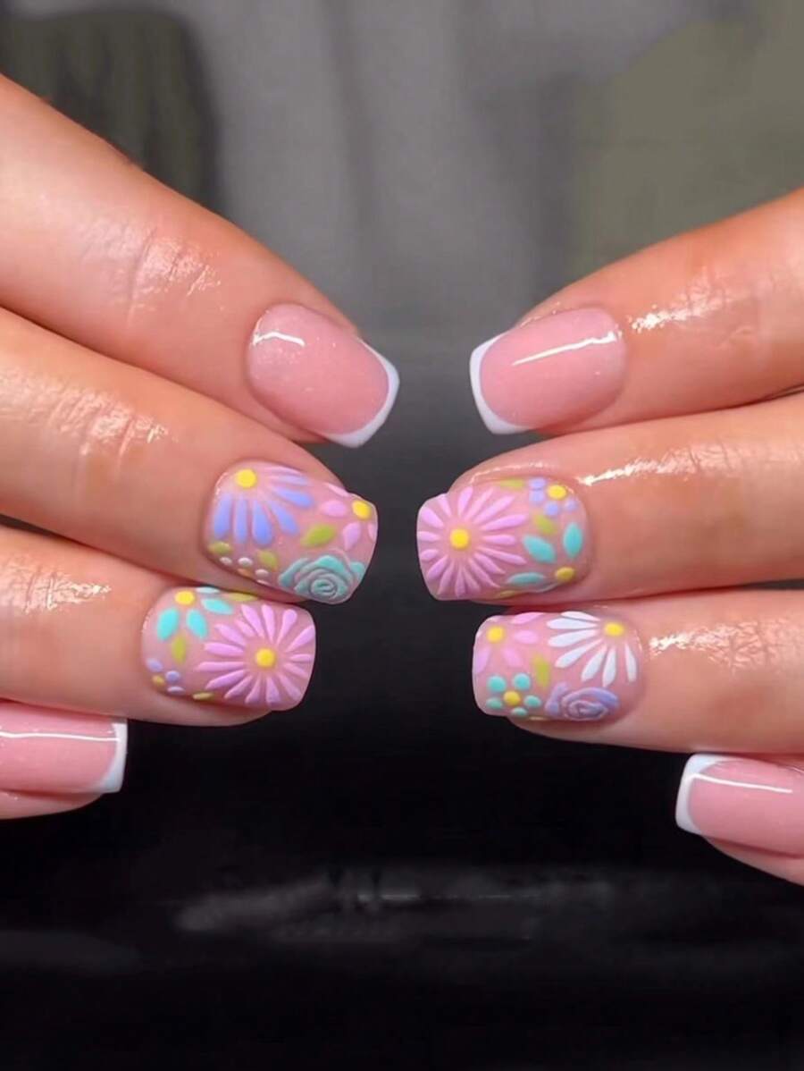 24 Pezzi Unghie Finte Francesi Corte Quadrate Multicolore Con 1 Lima ...