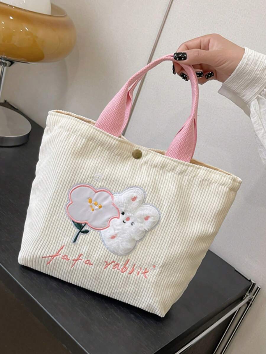 Rabbit Patch Decor Shopper Bag Letter Embroidered Magnet Fashion - White - View 1