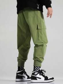 Manfinity Hypemode Men Letter Patched Detail Flap Pocket Cargo Trousers - Army Green - View 2
