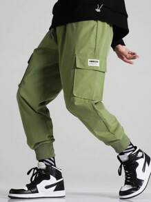 Manfinity Hypemode Men Letter Patched Detail Flap Pocket Cargo Trousers - Army Green - View 4