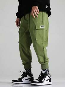 Manfinity Hypemode Men Letter Patched Detail Flap Pocket Cargo Trousers - Army Green - View 5