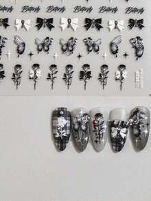 1 tờ Nhãn dán nghệ thuật móng tay có họa tiết nơ - Đen và trắng - Xem 1