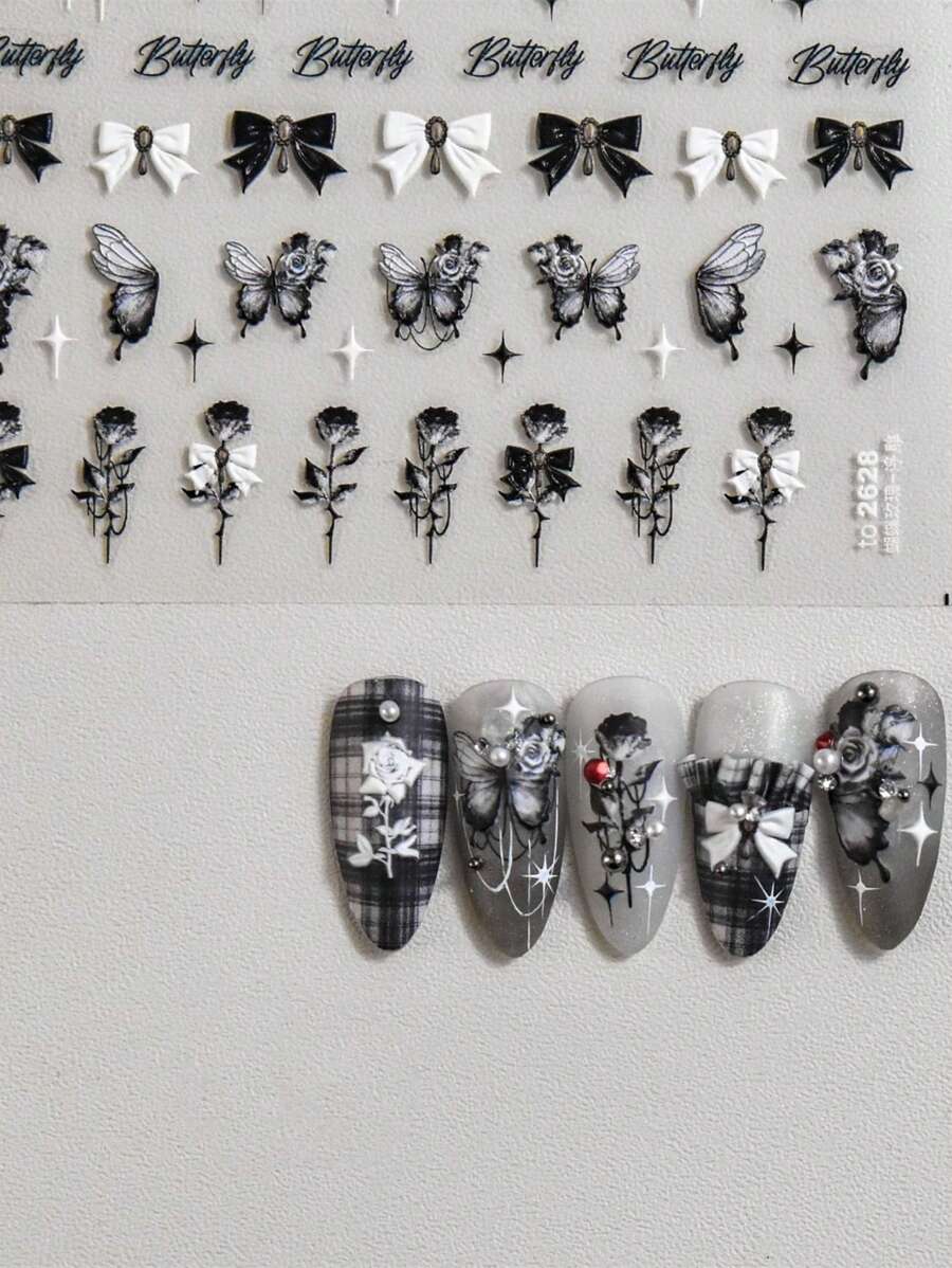 1 tờ Nhãn dán nghệ thuật móng tay có họa tiết nơ - Đen và trắng - Xem 1