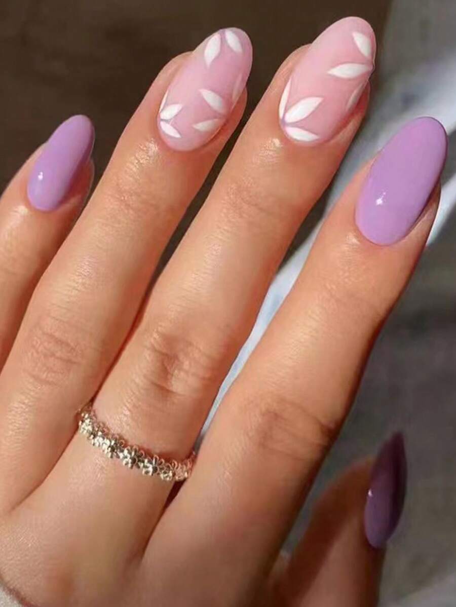 Upgrade Your Look With 24pcs Lilac Long Oval Leaf Pattern Glossy Finish Full Cover Fake Nail Kit - Mauve Purple - View 1