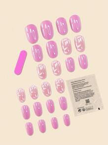 Upgrade Your Look With 24pcs Lilac Long Oval Leaf Pattern Glossy Finish Full Cover Fake Nail Kit - Mauve Purple - View 2