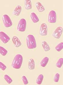 Upgrade Your Look With 24pcs Lilac Long Oval Leaf Pattern Glossy Finish Full Cover Fake Nail Kit - Mauve Purple - View 3
