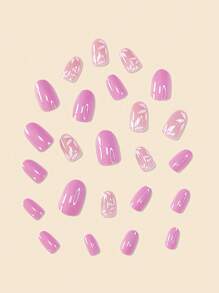Upgrade Your Look With 24pcs Lilac Long Oval Leaf Pattern Glossy Finish Full Cover Fake Nail Kit - Mauve Purple - View 4