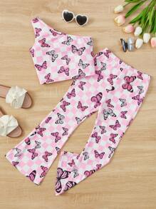 SHEIN 女孩棋盤格和蝴蝶圖案單肩上衣和喇叭褲 - 彩色 - 查看 1