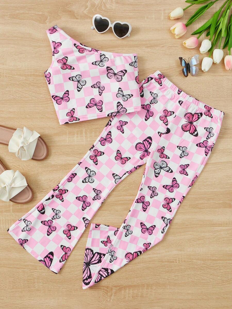 SHEIN 女孩棋盤格和蝴蝶圖案單肩上衣和喇叭褲 - 彩色 - 查看 1