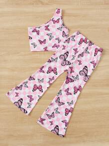 SHEIN 女孩棋盤格和蝴蝶圖案單肩上衣和喇叭褲 - 彩色 - 查看 2