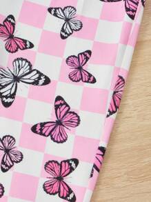 SHEIN 女孩棋盤格和蝴蝶圖案單肩上衣和喇叭褲 - 彩色 - 查看 4