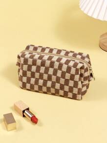 Checkerboard Pattern Makeup Bag, 1pc Large Capacity Contrast Knit Zipper Toiletries Storage Bag Suitable For Women's Outdoor Travel Storage Makeup Organizer Makeup Case - Brown - View 2