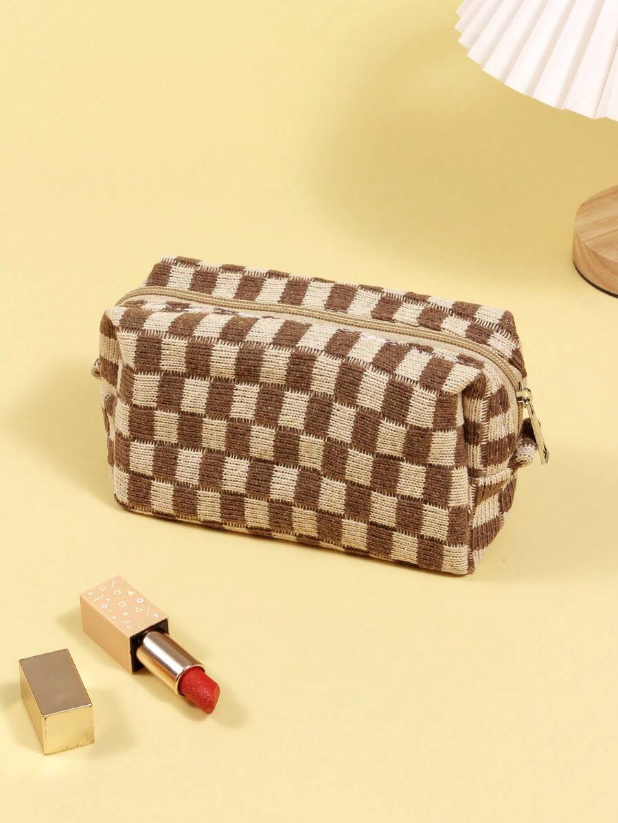Checkerboard Pattern Makeup Bag, 1pc Large Capacity Contrast Knit Zipper Toiletries Storage Bag Suitable For Women's Outdoor Travel Storage Makeup Organizer Makeup Case
