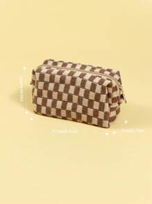 Checkerboard Pattern Makeup Bag, 1pc Large Capacity Contrast Knit Zipper Toiletries Storage Bag Suitable For Women's Outdoor Travel Storage Makeup Organizer Makeup Case - Brown - View 4