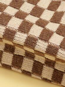Checkerboard Pattern Makeup Bag, 1pc Large Capacity Contrast Knit Zipper Toiletries Storage Bag Suitable For Women's Outdoor Travel Storage Makeup Organizer Makeup Case - Brown - View 5