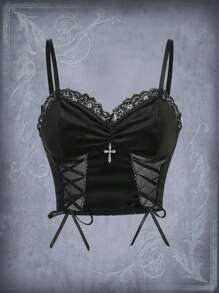 ROMWE Goth Contrast Lace Lace Up Mesh Bralet - Black - View 1