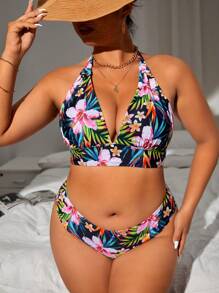 SHEIN Swim Curve Plus Size Tropical Print Halter Bikini Set Summer Beach - Multicolor - View 1