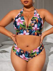 SHEIN Swim Curve Plus Size Tropical Print Halter Bikini Set Summer Beach - Multicolor - View 3