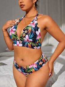 SHEIN Swim Curve Plus Size Tropical Print Halter Bikini Set Summer Beach - Multicolor - View 4