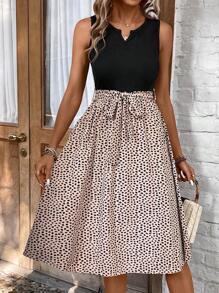 SHEIN LUNE Dalmatian Print Notched Neck Belted Dress Maxi Women Outfit - Multicolor - View 5