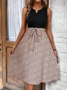 SHEIN LUNE Dalmatian Print Notched Neck Belted Dress Maxi Women Outfit - Multicolor - View 6